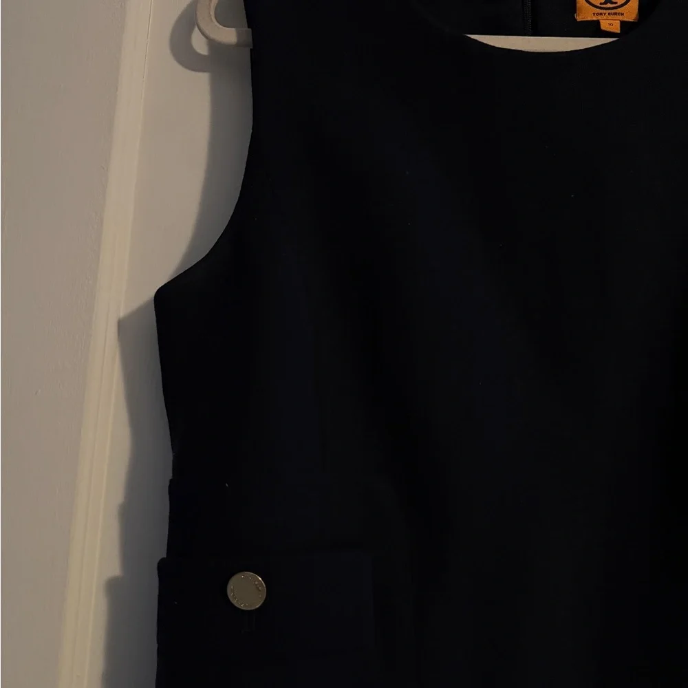 Tory Burch Sleeveless Gold Button Wool Blend Sheath Dress Navy Blue Size 10